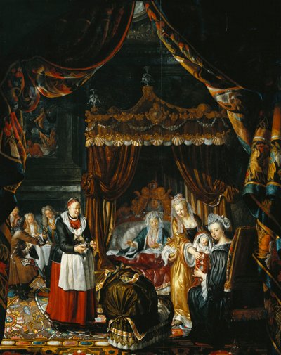 Een Weelderig Interieur met een Familie die de Geboorte van een Kind Viert door Matthys Naiveu