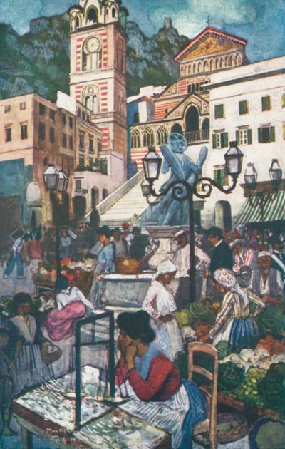 Amalfi, Piazza en Duomo (kleurenlitho) door Maurice (after) Greiffenhagen