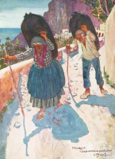Houtskooldragers, Amalfi (kleurenlitho) door Maurice (after) Greiffenhagen