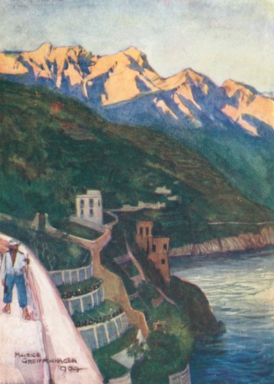 Minori bij zonsondergang (kleurenlitho) door Maurice (after) Greiffenhagen