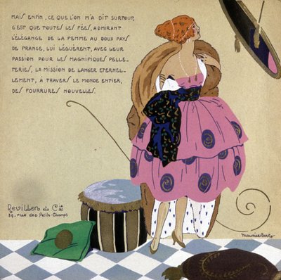 Vrouw voor haar spiegel, advertentie voor Revillon bont, c. 1920-1930 (illustratie) door Maurice Berty