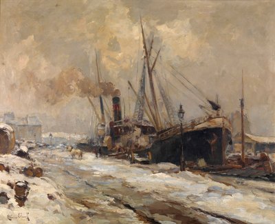 Haven van Antwerpen in de winter door Maurice Blieck
