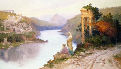 Figuren bij een rivier met klassieke ruïnes door Maurice Chabas