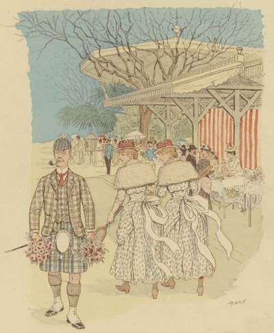 Een Schotse man in traditionele Hooglandse kledij tussen de mensen van Cannes, Frankrijk door Maurice Charles Mathieu Bonvoisin