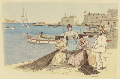 Een man die praat met een groep vrouwen die visnetten repareren in de stad Villefranche, Frankrijk door Maurice Charles Mathieu Bonvoisin