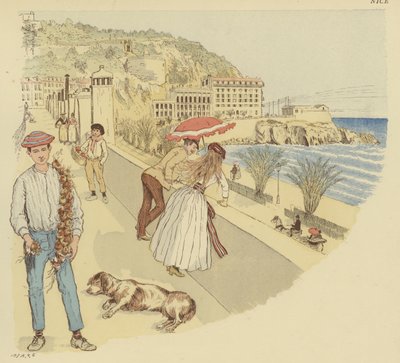 Een uienverkoper met zijn waren en mensen die genieten van het terras dat leidt naar de berg van de Rauba-Capeu, Nice door Maurice Charles Mathieu Bonvoisin