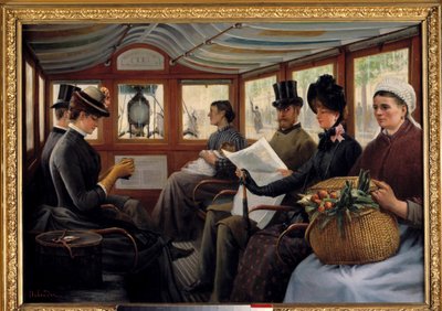 In de omnibus Passagiers nemen plaats in een omnibus door Maurice Delondre