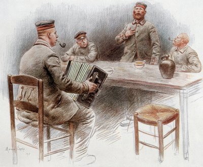 Gevangenen spelen accordeon en zingen in het gevangenenkamp in Dinan door Maurice Henri Orange
