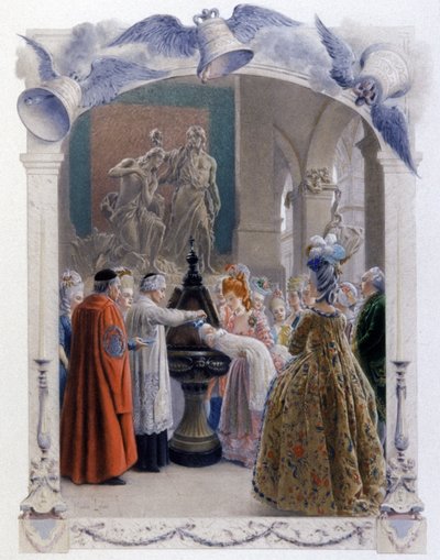 Doopscène van een edelman uit de 18e eeuw, ca. 1900 (illustratie) door Maurice Leloir