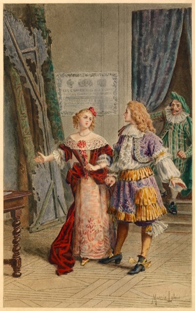Backstage bij Scapin, Armande, Baron en Moliere (illustratie) door Maurice Leloir