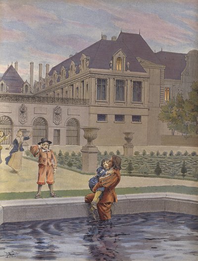 De val van de jonge Lodewijk XIV in het zwembad van het Palais-Royal door Maurice Leloir