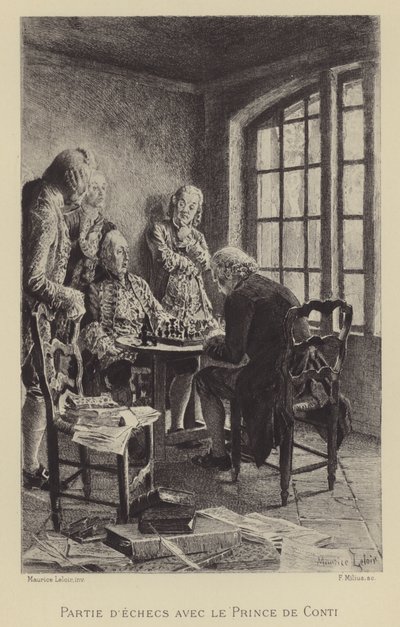 Schaakspel met de Prins van Conti (gravure) door Maurice Leloir