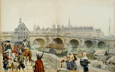 Geschiedenis van Frankrijk: Verbannen naar het kasteel van Blois door haar zoon Lodewijk XIII, verlaat Marie de Medicis (1575-1642) Parijs in 1617 met haar gevolg. Illustratie door Maurice Leloir (1853-1940) in 