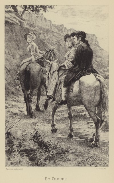 Jean-Jacques Rousseau en twee jonge vrouwen op een reis te paard door Maurice Leloir