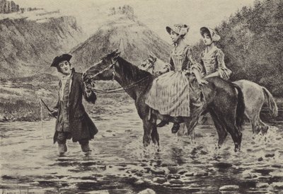 Jean-Jacques Rousseau helpt twee jonge vrouwen een beek over te steken door Maurice Leloir