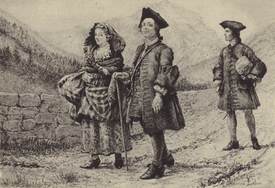 Jean-Jacques Rousseau op de weg met twee metgezellen (gravure) door Maurice Leloir
