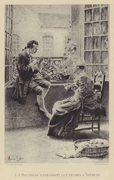 Jean-Jacques Rousseau leert Therese de uren door Maurice Leloir