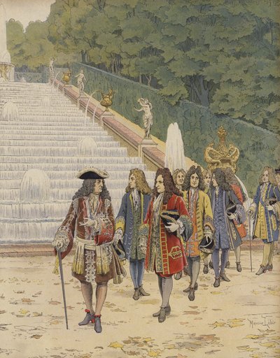 Koning Lodewijk XIV en Samuel Bernard in Marly, bezoek aan de tuinen door Maurice Leloir