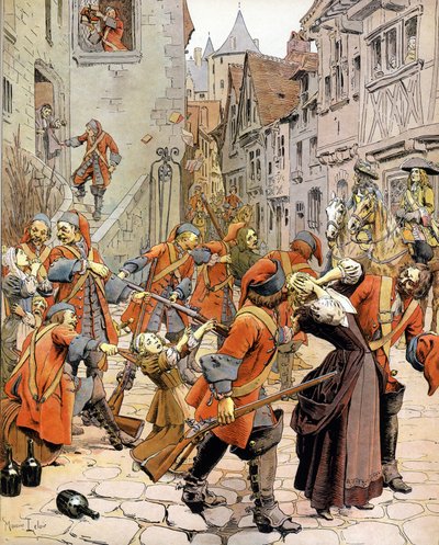 Les Dragonnades: verspreiding van een protestantse familie door de troepen van draken door Maurice Leloir