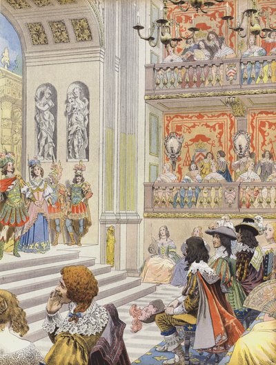 Voorstelling in het theater van Palais Cardinal van Mirame, het toneelstuk geschreven door Richelieu en Desmarets door Maurice Leloir