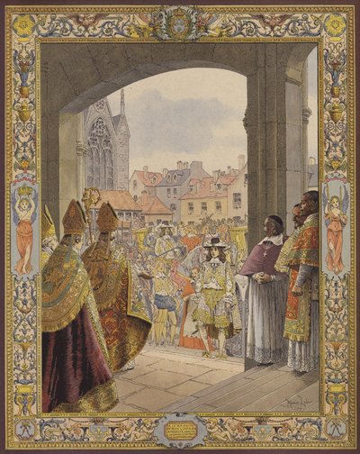 Proclamatie van de meerderjarigheid van koning Lodewijk XIV, de aankomst bij Sainte-Chapelle door Maurice Leloir