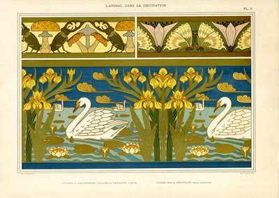 Decoratieve randen met zwanen, insecten en irissen (litho) door Maurice Pillard Verneuil