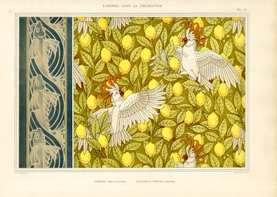 Decoratief patroon met kaketoes en citroenen (litho) door Maurice Pillard Verneuil