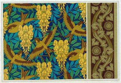 Ontwerpen voor vogels en Wisteria hangend en behangrand met hagedissen en klimop, pub. 1897 door Maurice Pillard Verneuil
