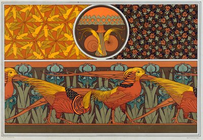 Ontwerpen voor behangrand en stof: Vogels, lieveheersbeestjes en meisjeshaarvaren, uitgegeven 1897 door Maurice Pillard Verneuil