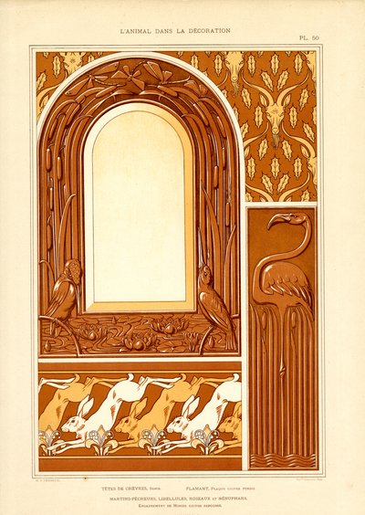Ornamenteel frameontwerp met watervogels en hazen (litho) door Maurice Pillard Verneuil