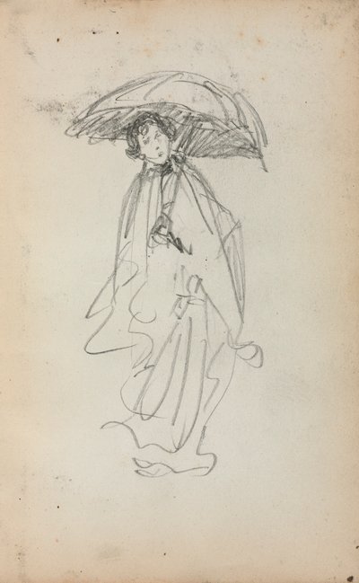 Italiaans schetsboek: Staande vrouw met parasol (pagina 259) door Maurice Prendergast