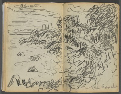 Schetsboek - The Granite Shore Hotel, Rockport, pagina 008  9: "Gloucester- The Road". door Maurice Prendergast