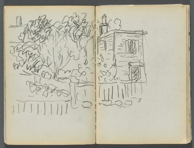 Schetsboek - Het Granite Shore Hotel, Rockport, pagina 054  55: Huis en omheinde tuin door Maurice Prendergast