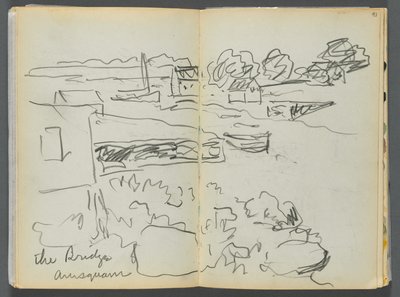 Schetsboek - The Granite Shore Hotel, Rockport, pagina 092  93: "The Bridge , Annisquam". door Maurice Prendergast