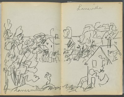 Schetsboek - The Granite Shore Hotel, Rockport, pagina 144  145: "Lanesville". door Maurice Prendergast