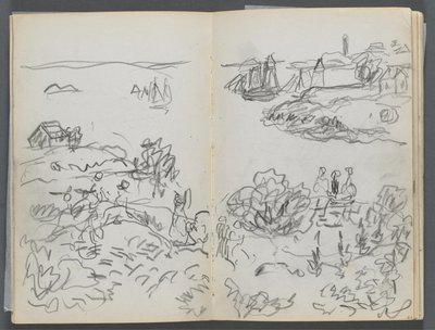 Schetsboek, The Dells, nr. 127, pagina 042  43: Inham met boten en figuren door Maurice Prendergast
