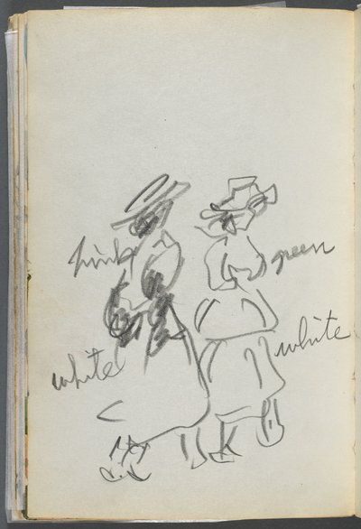 Schetsboek, The Dells, nr. 127, pagina 144: Twee wandelende figuren met kleuraantekeningen door Maurice Prendergast