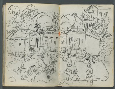 Schetsboek, The Dells, nr. 127, pagina 146  147: Landschap met figuren en gebouwen door Maurice Prendergast