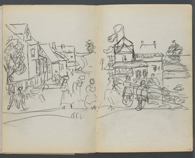 Schetsboek, De Dells, nr. 127, pagina 174  175: Dorp met huizen en weg door Maurice Prendergast