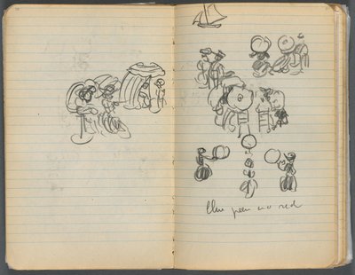 Schetsboek, pagina 110 111: Studie voor figuren op een strand door Maurice Prendergast