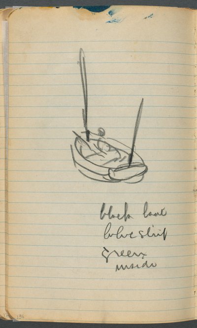 Schetsboek, pagina 136: Zeilboot met aantekeningen door Maurice Prendergast