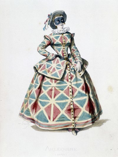Harlekijn kostuum en masker in 1855, vrouwelijke personage van Harlekijn in de commedia dell
