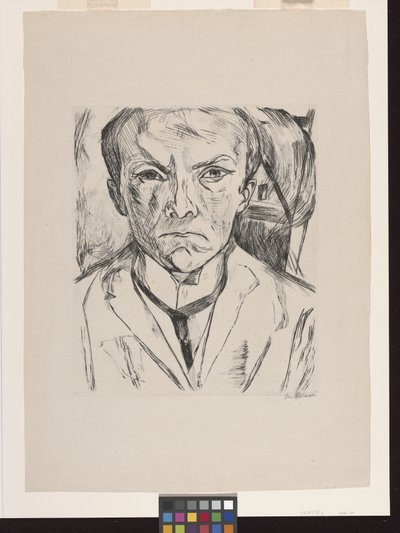 Frontaal zelfportret met huisgevel op de achtergrond door Max Beckmann