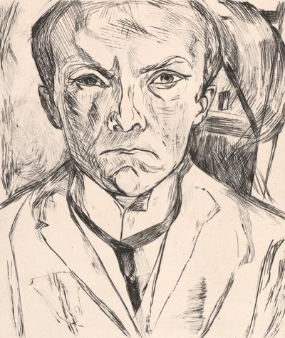 Frontaal zelfportret met huisgevel op de achtergrond door Max Beckmann