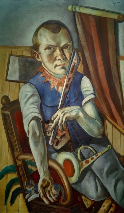 Zelfportret met knuppel en trompet (Zelfportret als clown) door Max Beckmann