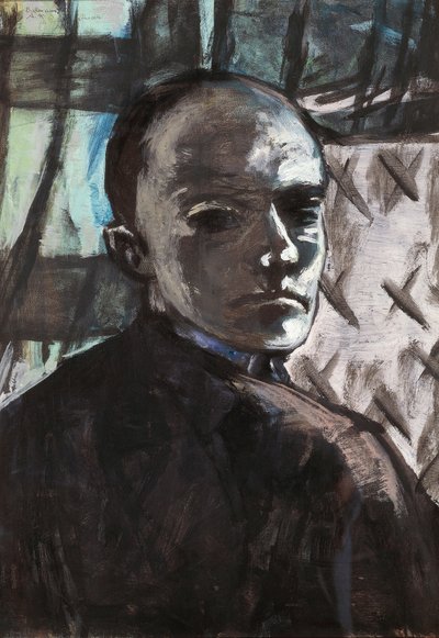 Zelfportret met groene gordijn door Max Beckmann