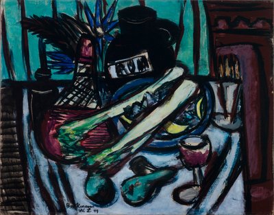 Stilleven met Chianti-fles en selderij door Max Beckmann