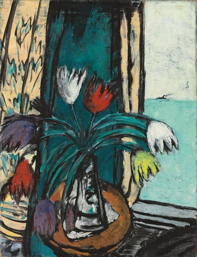 Stilleven met Tulpen en Zeezicht door Max Beckmann