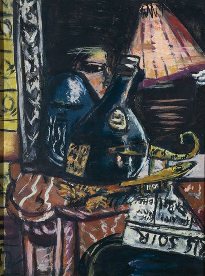 Stilleven met scheve schnapsfles en Boeddha door Max Beckmann