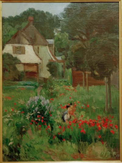 Bloemen plukkend kind door Max Bergmann